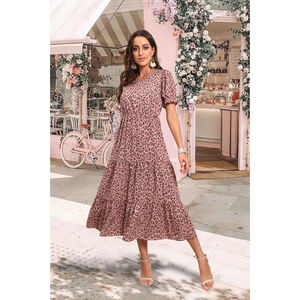 Grecerelle Women's Summer Casual Boho High Waist Leopard Print Midi Dress Small